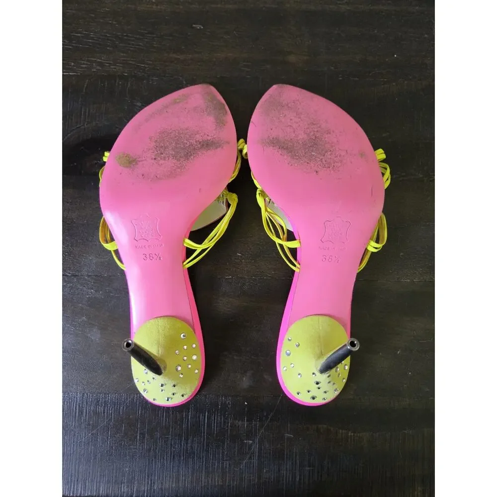 Emilio Pucci Leather Neon Monogram Medallion Stiletto Heel Mules Italy Size 38.5